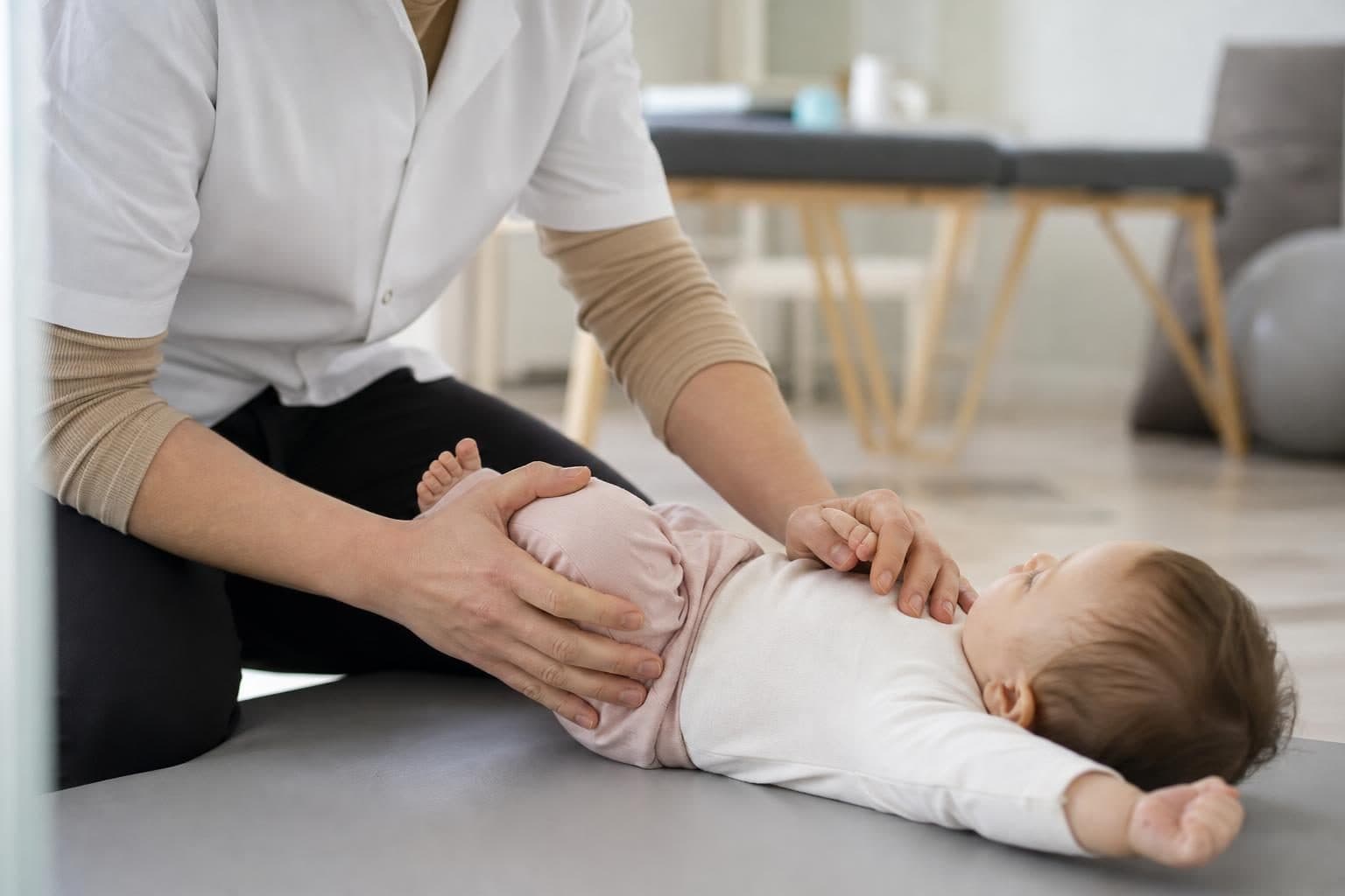 Un kinésithérapeute en blouse blanche accompagne un bébé allongé sur une table de soins dans un cabinet lumineux.