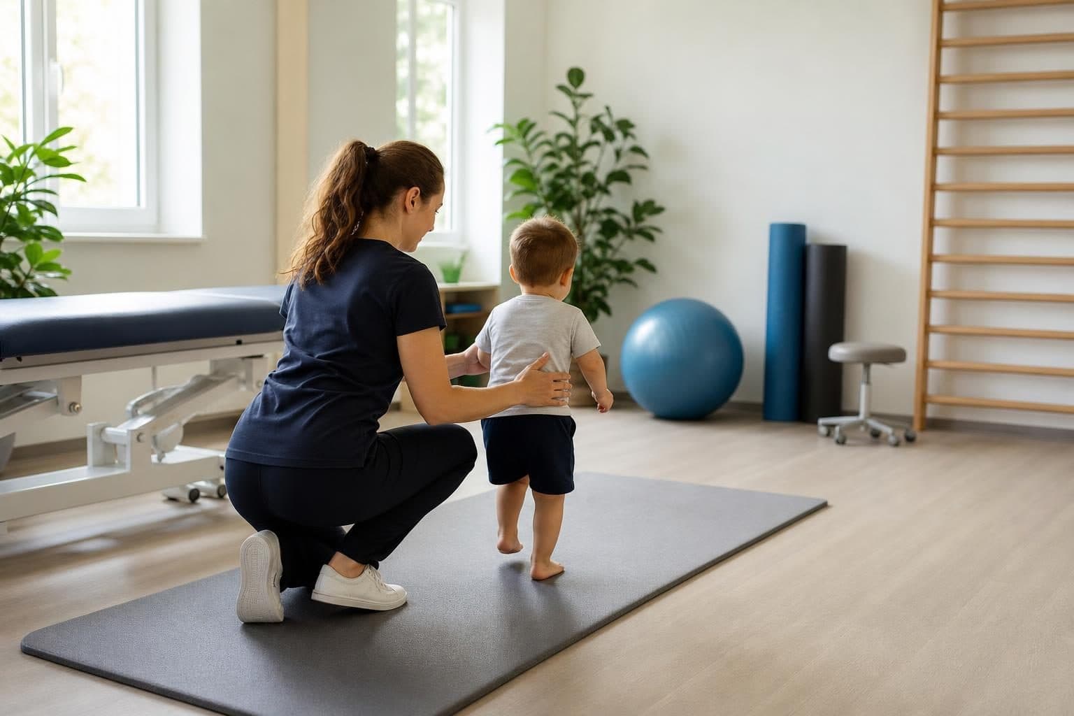 Une kinésithérapeute aide un petit enfant à marcher sur un tapis dans une salle de rééducation lumineuse.